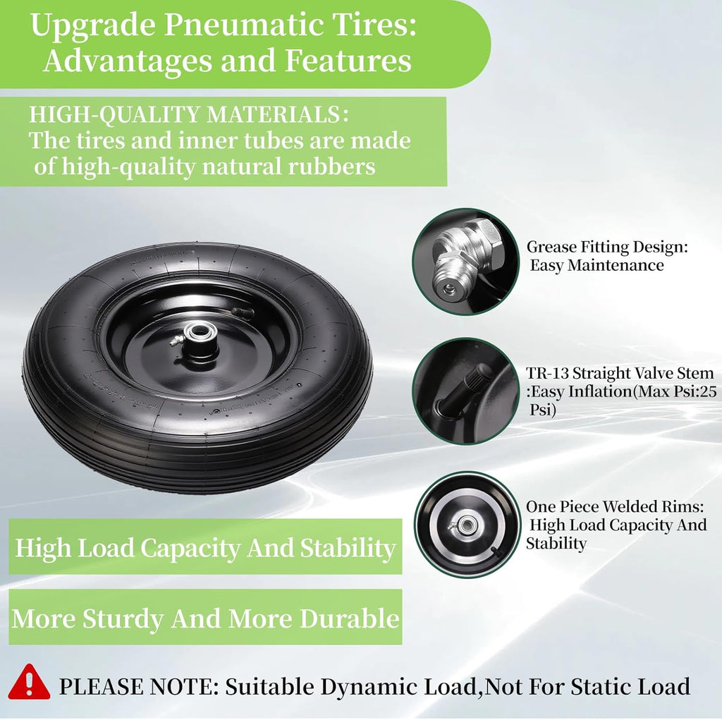4.80/4.00-8 Tire and Wheel, 16" Pneumatic Wheelbarrow Tires, 2 Pack | Wheel Barrow Wheels and Tires, 3" Centered Hub