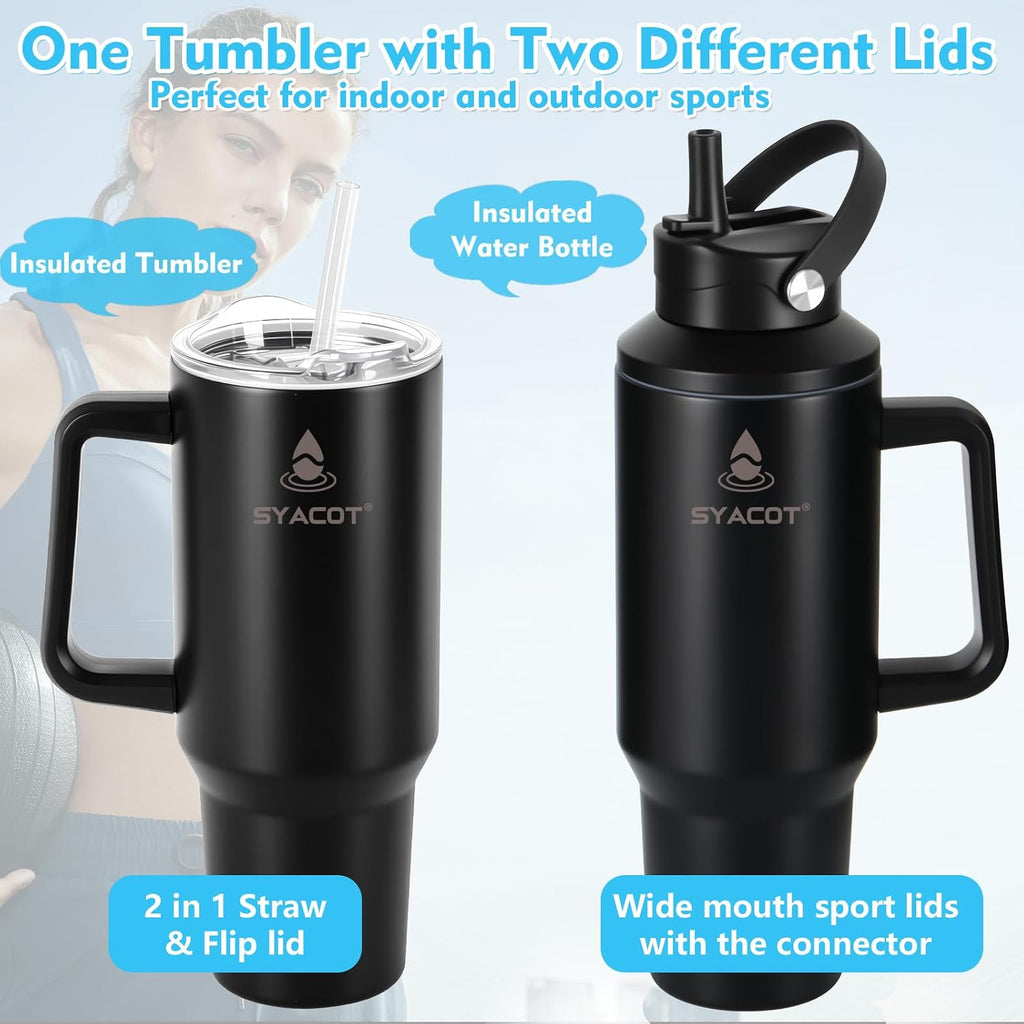 40 oz Tumbler with Handle and Straw or Convert to 40 oz Insulated Water Bottle Fits in Cup Holder. Stainless Steel