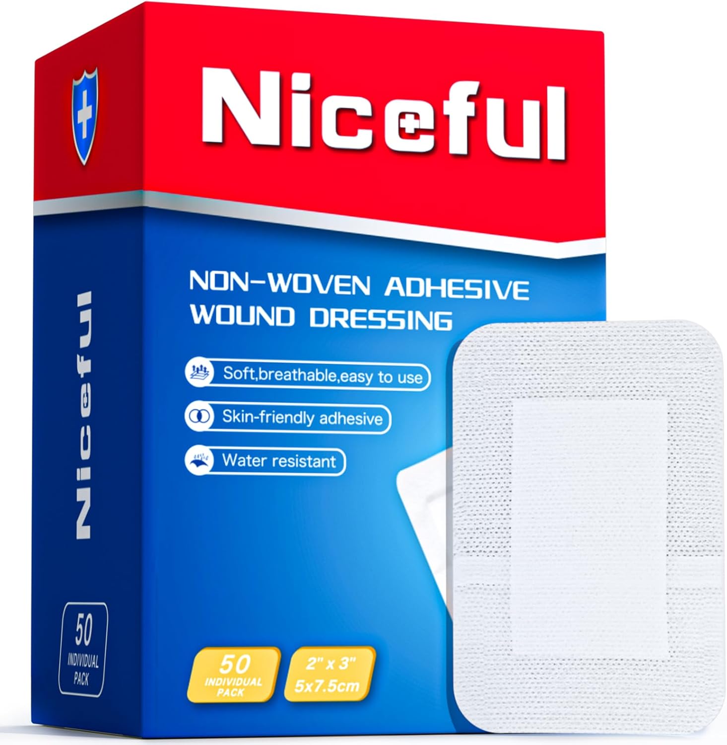 50Pcs Adhesive Gauze Bandages 2"x3", Water-Resistant Wound Island Dressing, Sterile & Absorbent Medical Grade