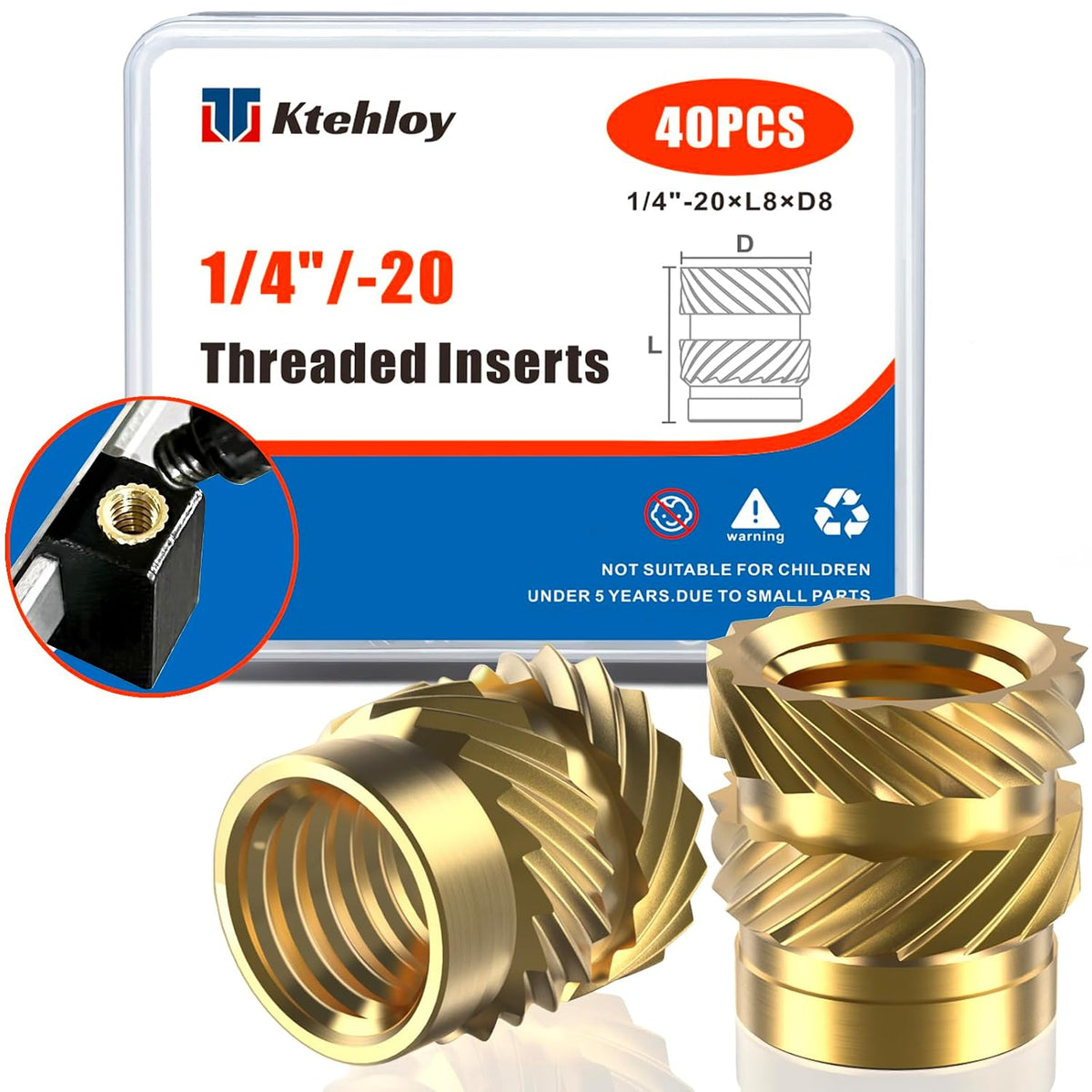 40Pcs Threaded Inserts, 1/4"-20 Female Thread SAE Knurled Nuts Assortment Kit, Brass Heat Set Insert for Plastic and 3D Printing Components (1/4"-20 * 8 * 8)