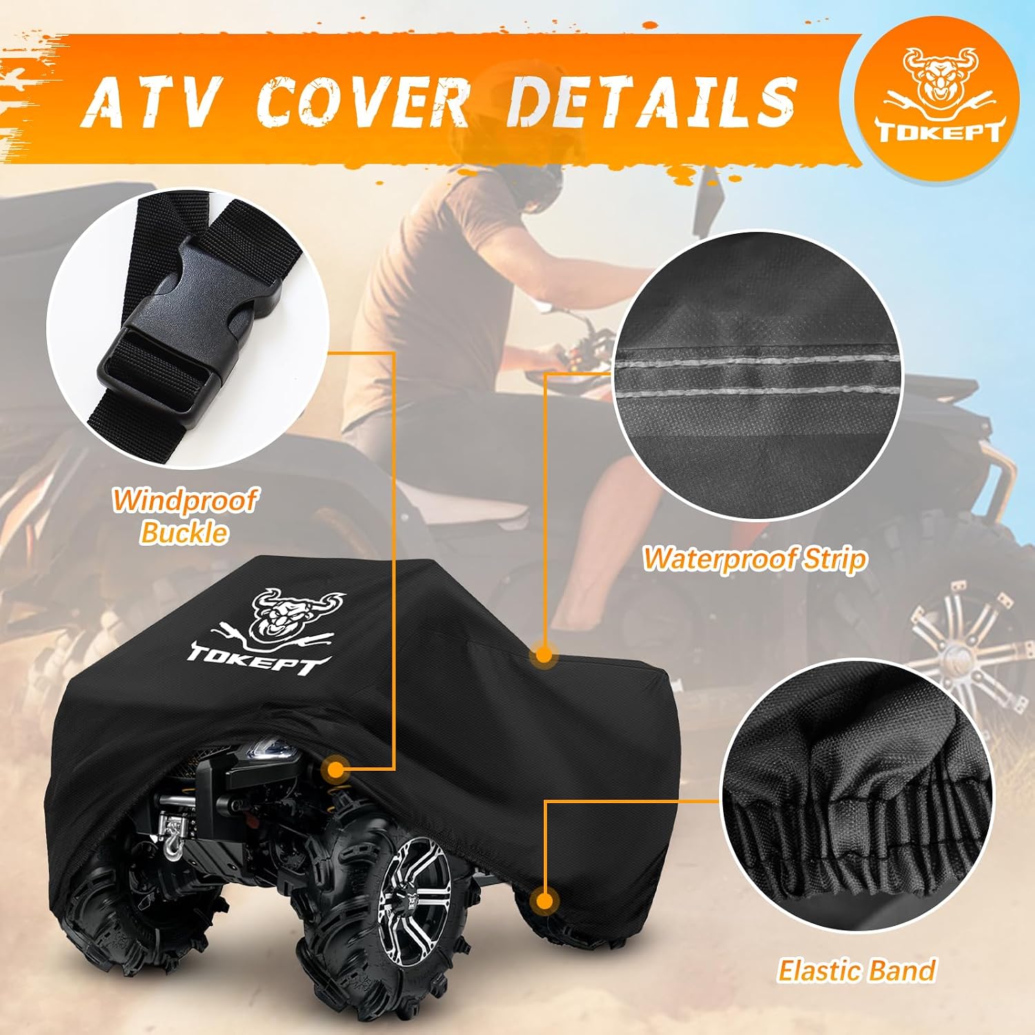 ATV Cover Waterproof 4 Wheeler Cover, Fits up to 57", Black | Outdoor Heavy Duty Oxford Quad Cover with Windproof Buckle