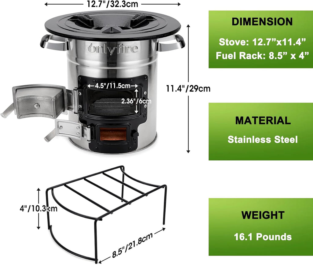 12.7" Stainless Steel Rocket Stove, Portable Wood Camp Stove | for Outdoor Cooking, Survival, Backyard, Patio – High