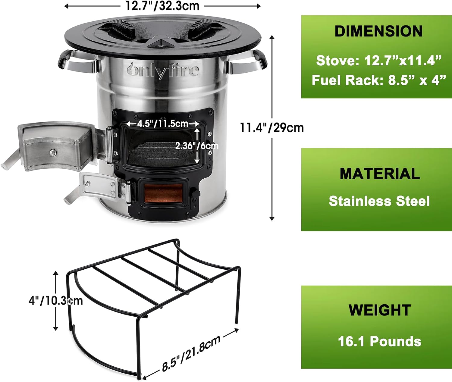 12.7" Stainless Steel Rocket Stove, Portable Wood Camp Stove | for Outdoor Cooking, Survival, Backyard, Patio – High