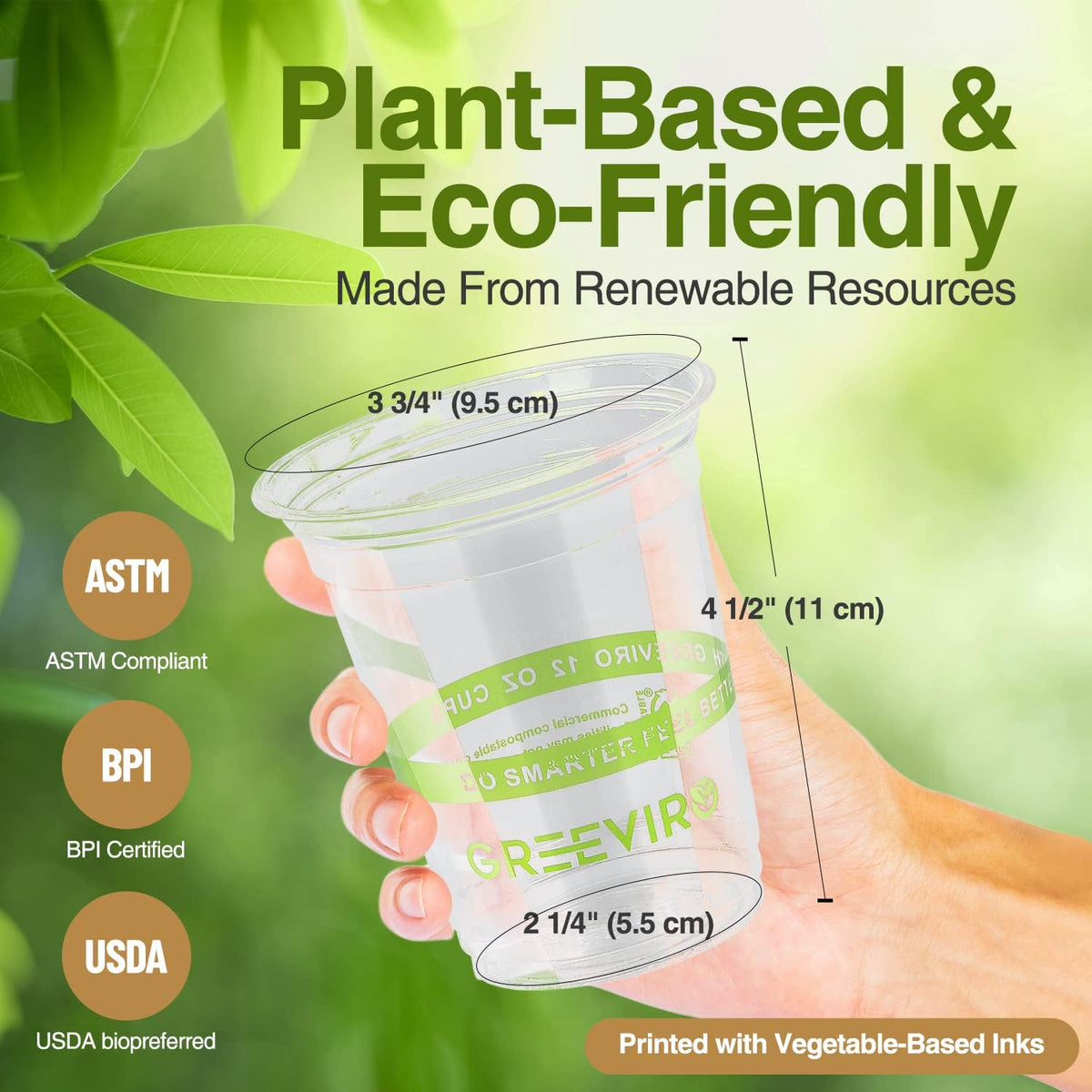 Eco Compostable Plant-Based Clear Plastic Cups 12oz Thick, Reusable, Disposable Iced Coffee Cups for Smoothies, Beer