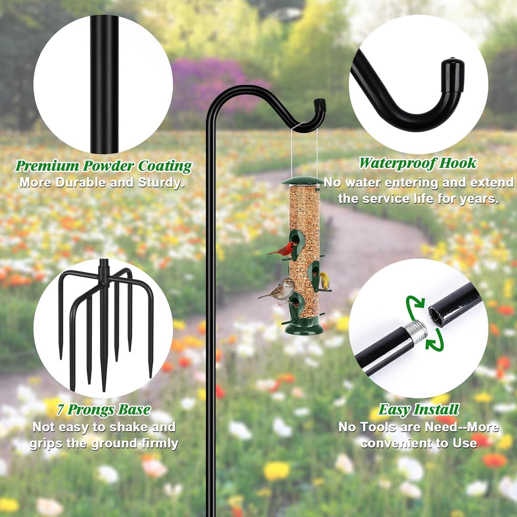 Adjustable Shepherd Hook Bird Feeder Pole with 7 Prongs Base, 108 Inch Tall 5/8 Inch Thick, Heavy Duty Outdoor Garden