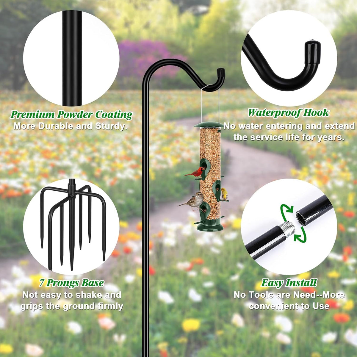 Adjustable Shepherd Hook Bird Feeder Pole with 7 Prongs Base, 108 Inch Tall 5/8 Inch Thick, Heavy Duty Outdoor Garden
