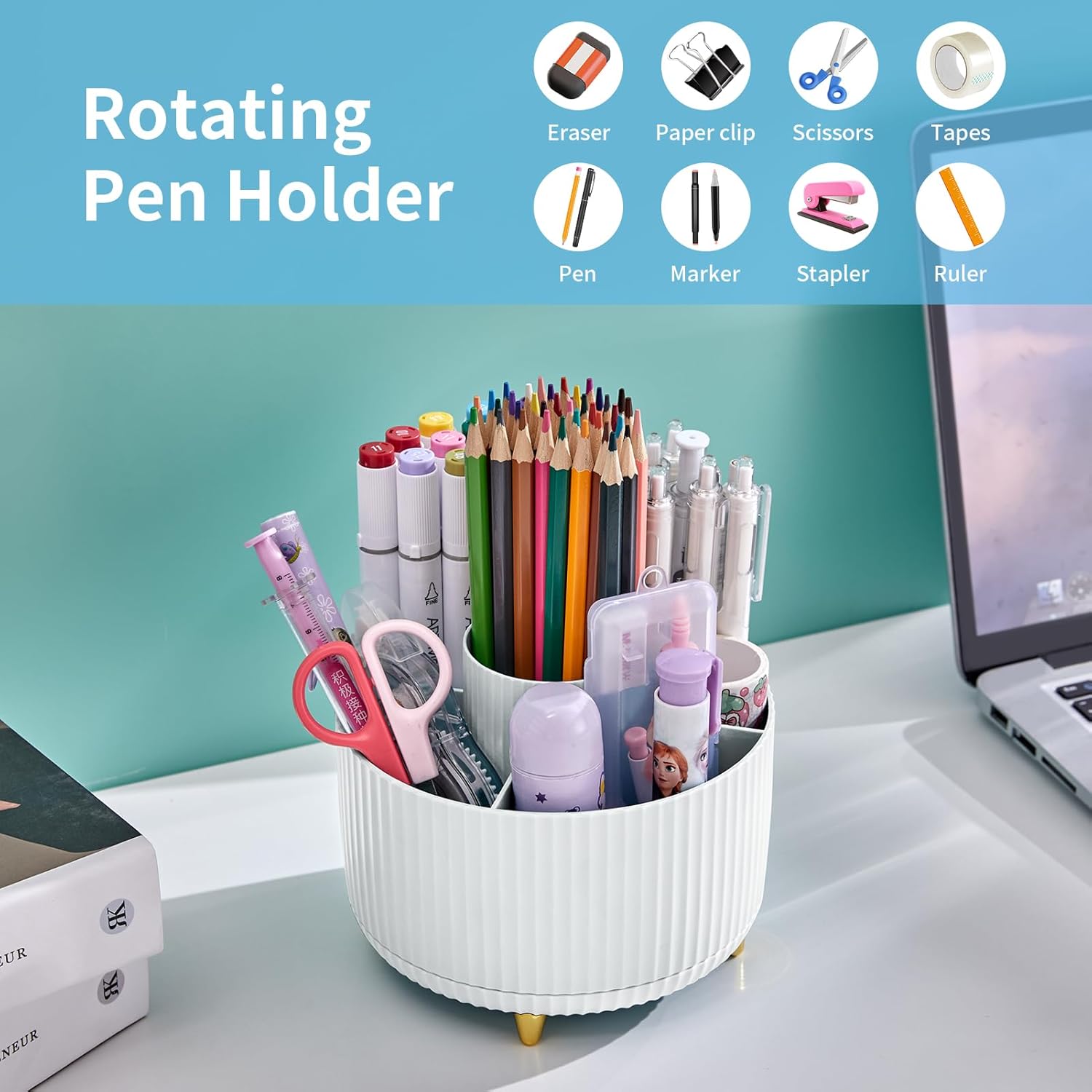 Desk Organizer, 360-Degree Rotating Pen Holder, Desk Organizers and Accessories with 5 Compartments Pencil Holder