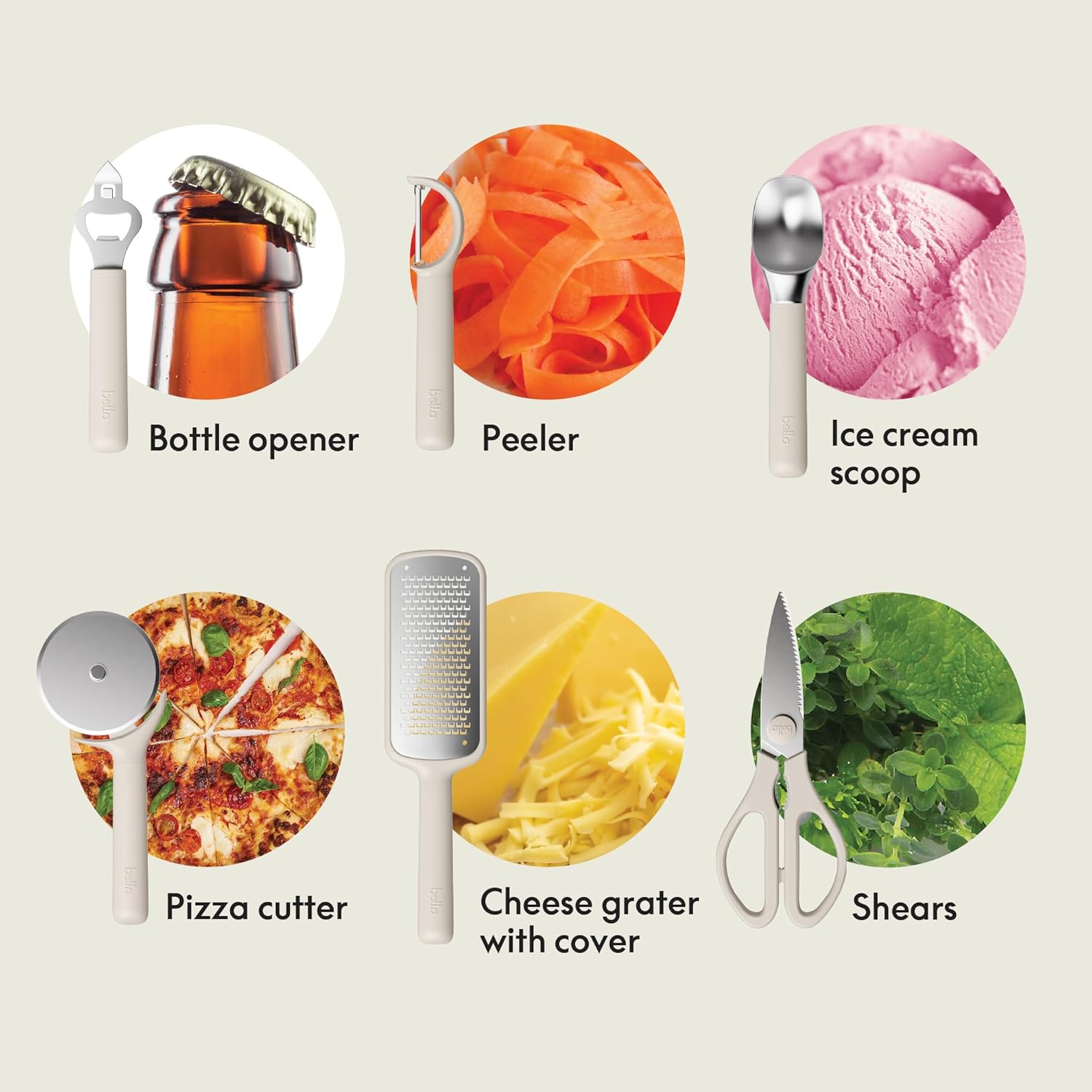 7-Piece Modular Gadget Set, Grater, Pizza Cutter, Ice Cream Scoop, Peeler, Shears, Bottle Opener, Crock with