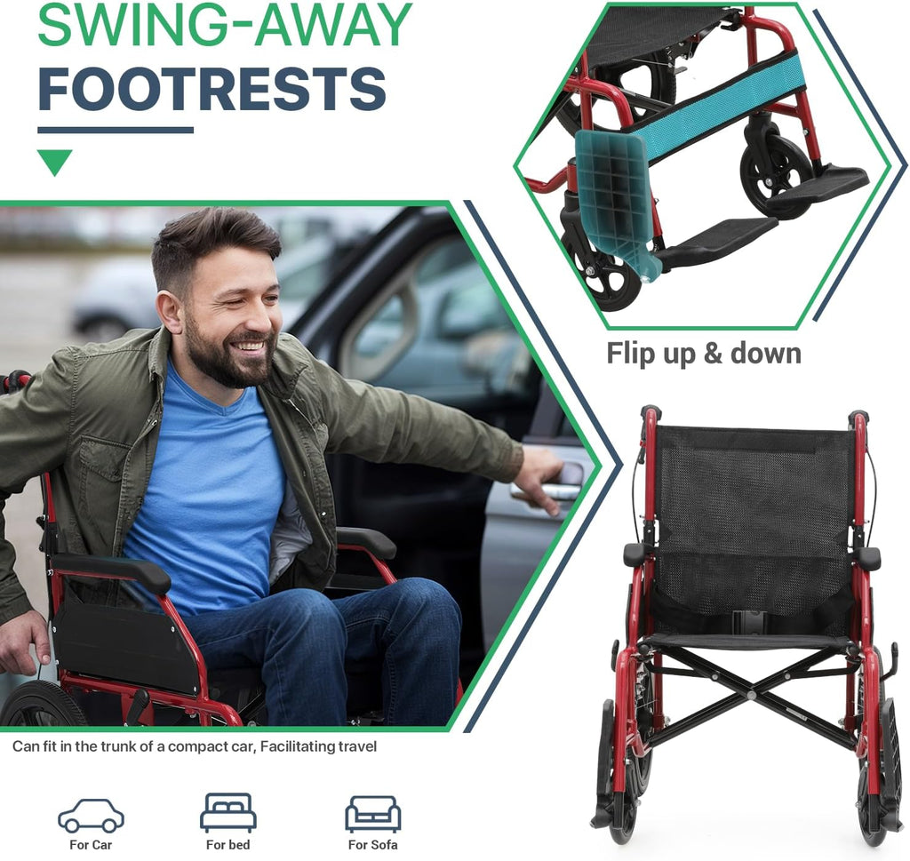 Foldable Transport Wheelchair for Adults 250 Lbs, Lightweight Transport Chair for Seniors, Portable Wheel Chair with