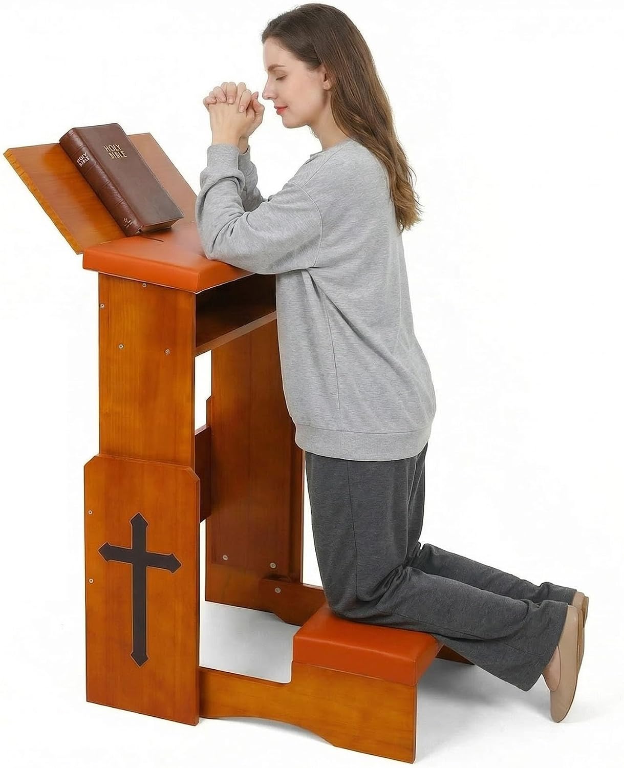 Folding Prayer Kneeler Bench, Adjustable Wooden with Bookshelf