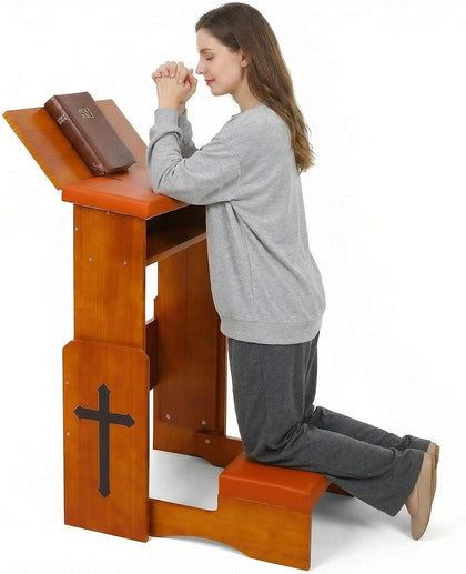 Folding Prayer Kneeler Bench, Adjustable Wooden with Bookshelf