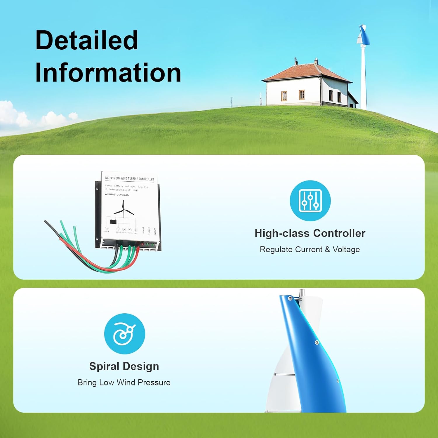 100W Spiral Wind Turbine, 12V Vertical Axis Helical Generator with Controller for Boat Cabin Street Light, Low Start