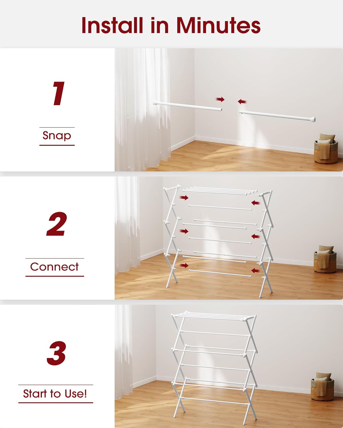 Foldable 3-Tier Clothes Drying Rack 37.4" H with Non-Slip Feet | Indoor & Outdoor Use, Space Saving, Metal Frame