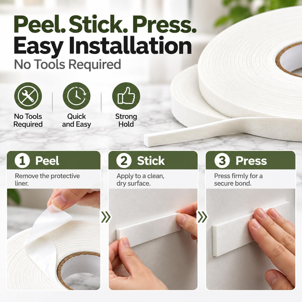 Double Sided White PE Foam Tape 0.32FT x 32FT Sponge Mount Adhesive