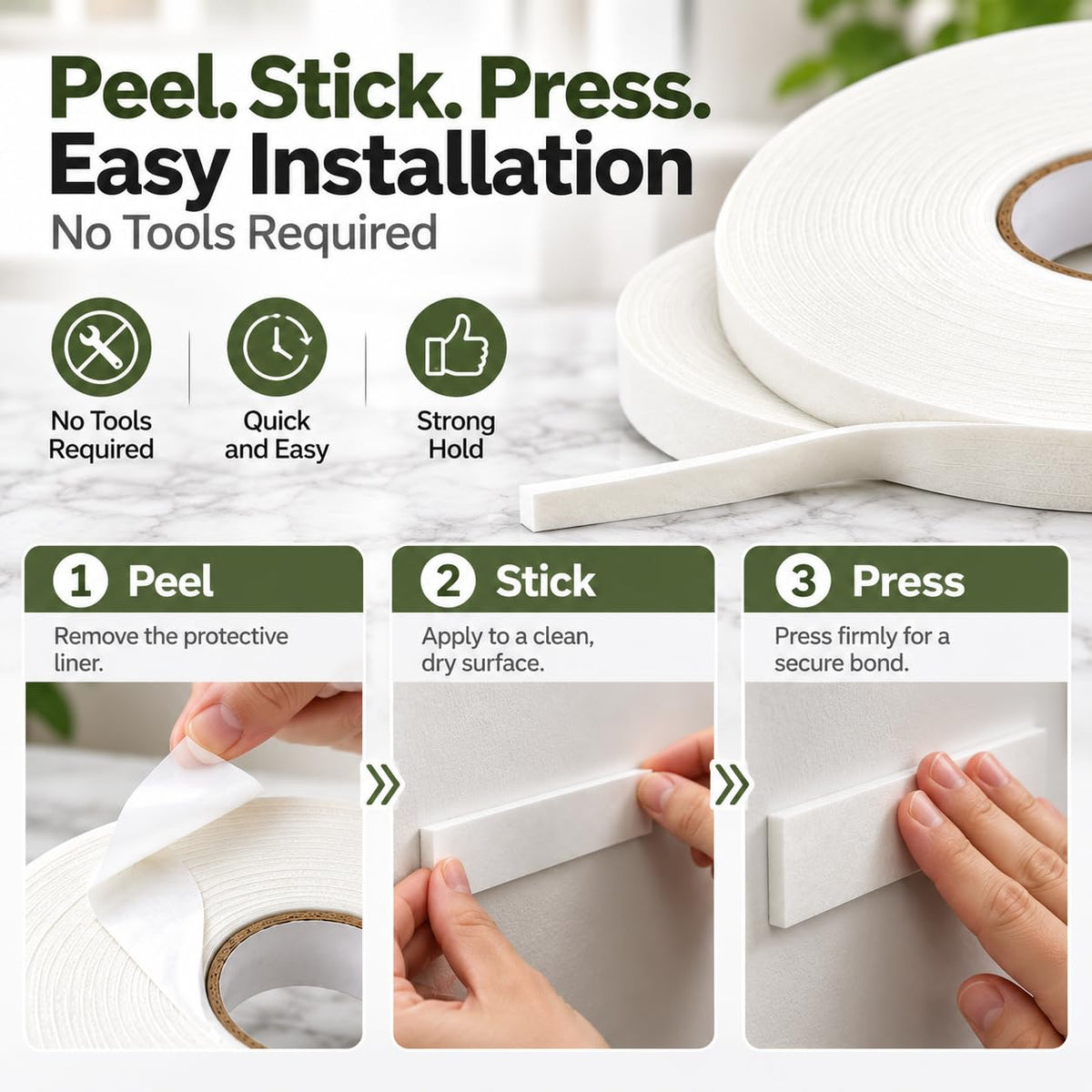 Double Sided White PE Foam Tape 0.32FT x 32FT Sponge Mount Adhesive