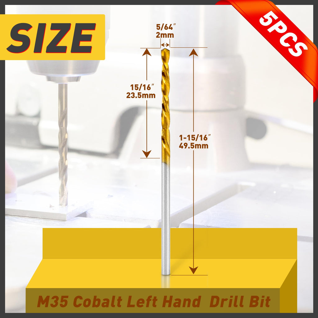 5PCS 5/64" M35 Cobalt Left Hand Drill Bits Set