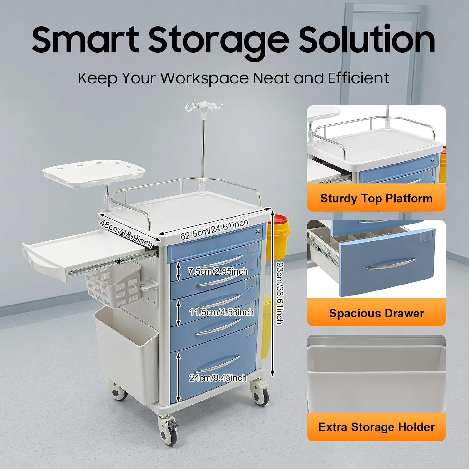 Medical Rolling Storage Crash Cart with Wheels & 5 Drawers, Hospital Mobile Ultrasound Med Cart with Power Strip
