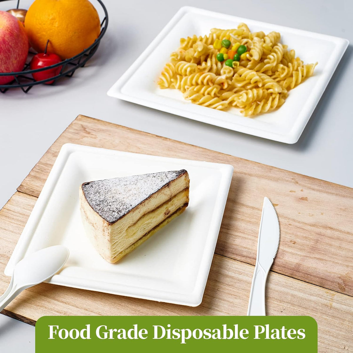 150 Piecs Compostable Square Paper Plates, 10 inch, White