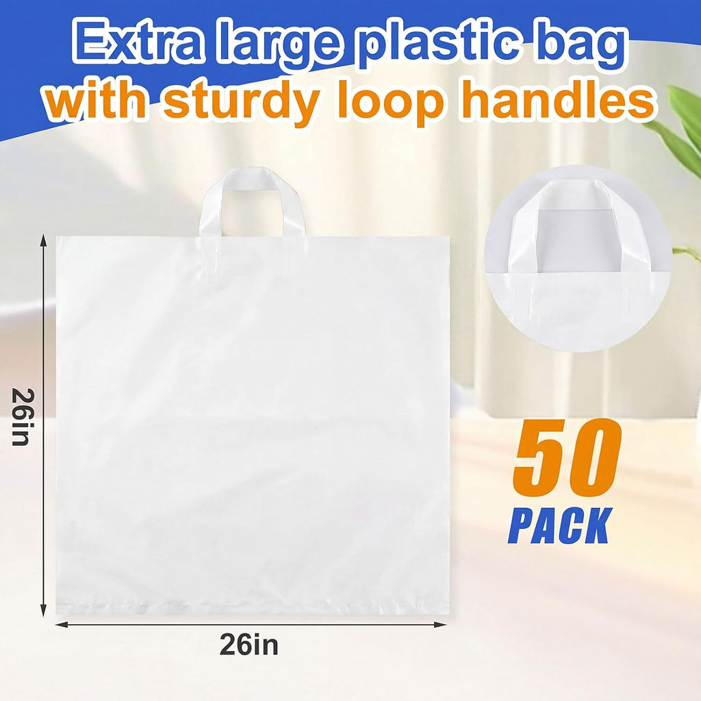 50 Pack 26" x 26" Large White Plastic Shopping Bags with Handles