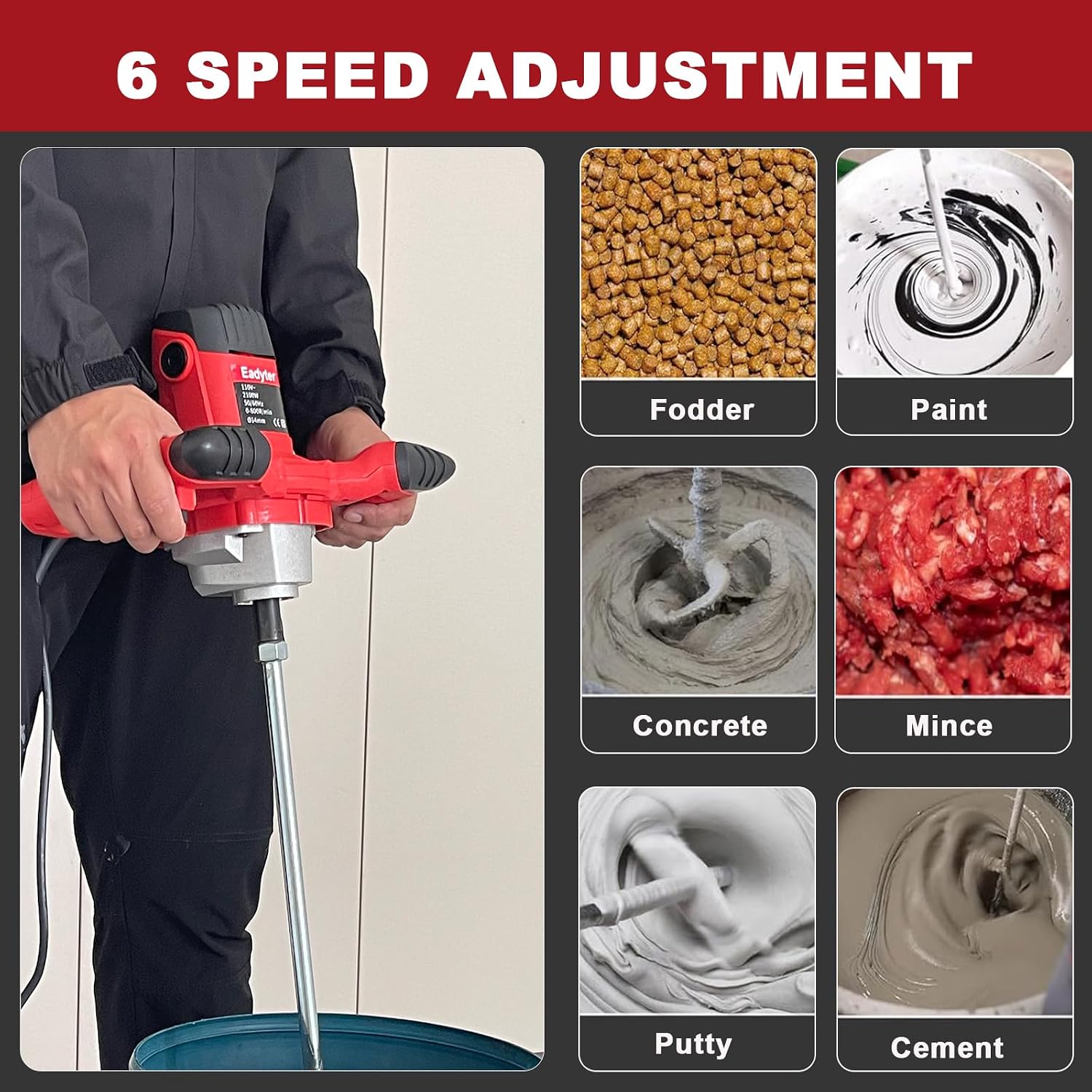 Cement Mixer 2100W, Handheld Electric Concrete Mixer, Portable Mortar Mixer with 6 Adjustable Speed, 110V Mud Mixer