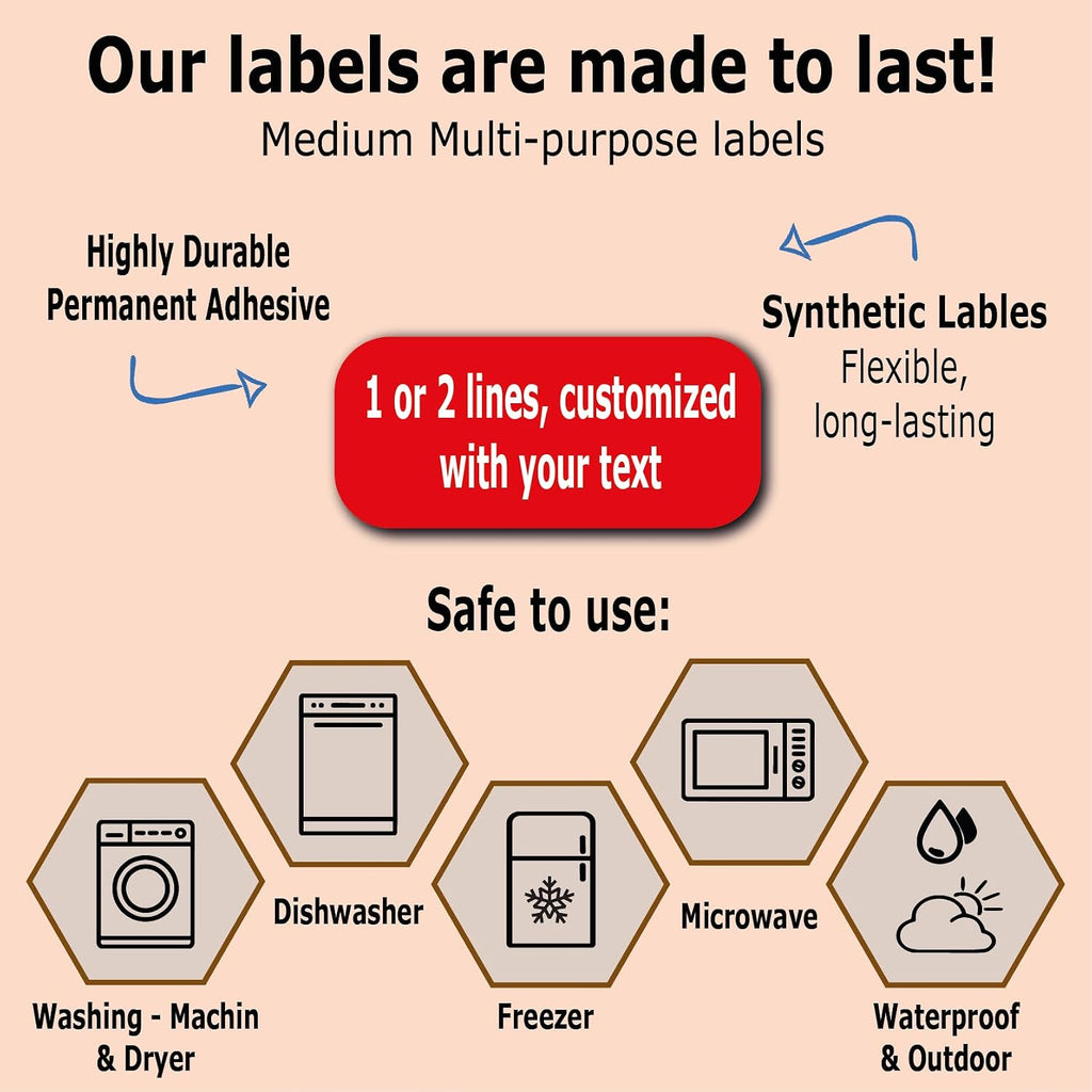 75 Personalized Waterproof Name Labels. Press and Stick Multi use Custom Name Labels. Customized 2 Lines of Text and