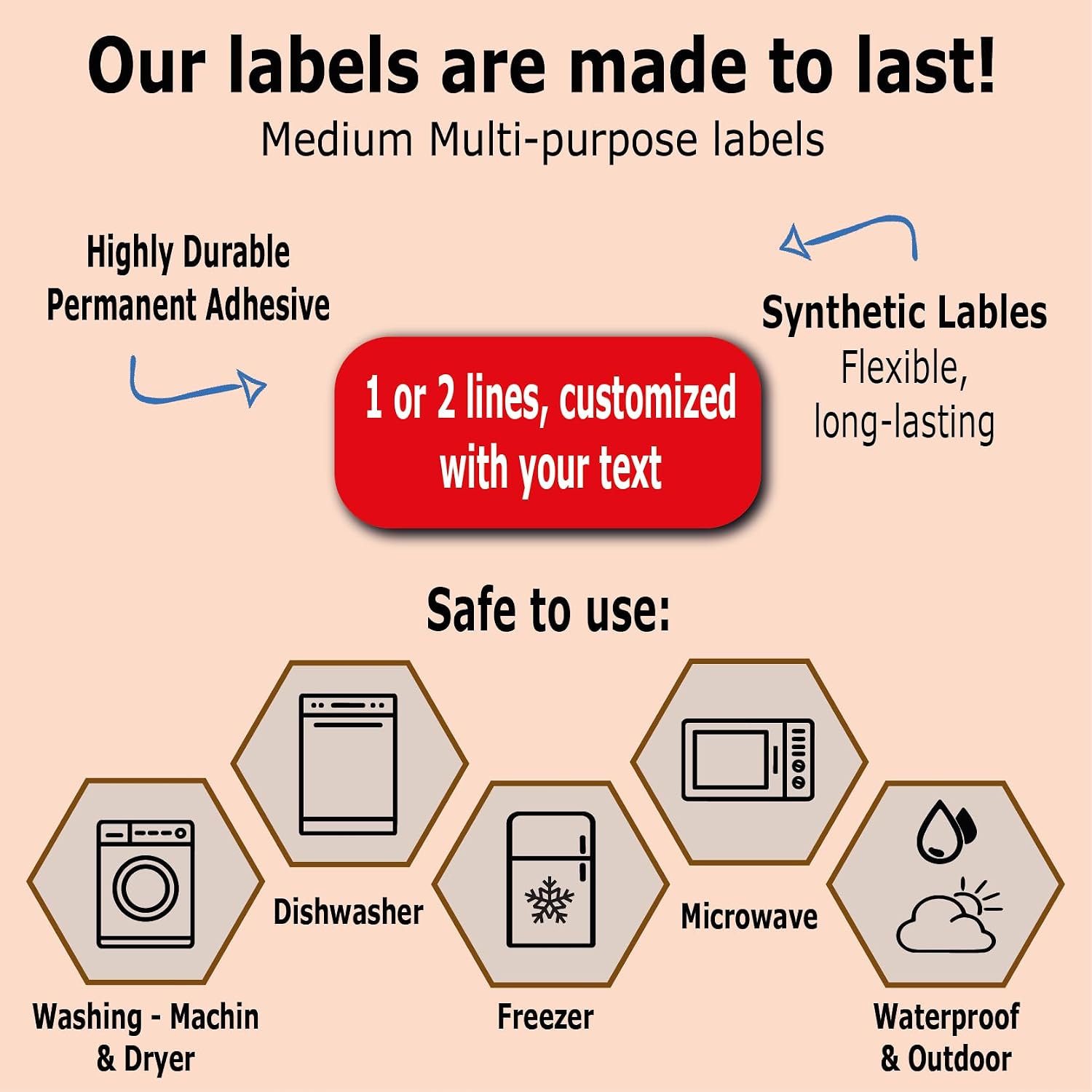 75 Personalized Waterproof Name Labels. Press and Stick Multi use Custom Name Labels. Customized 2 Lines of Text and