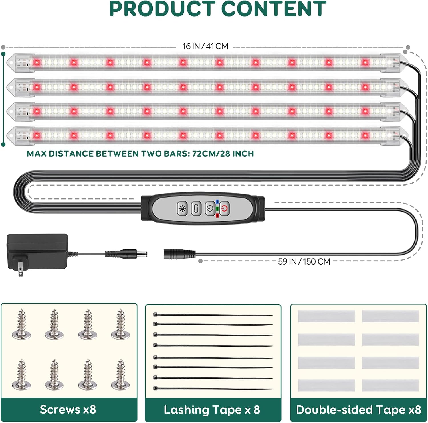 4-Bar Grow Light Strips for Indoor Plants, 16" Plant Lights, 6500K Sunlike Grow Lights with 6/12/18H Timer, 5