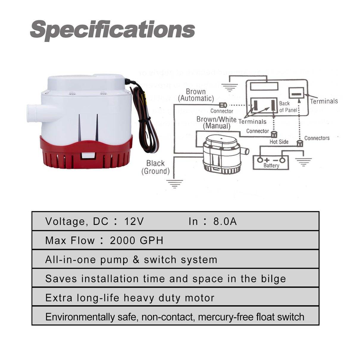 NEWMAIX 12V 2000GPH Automatic Electric Bilge Pump Marine Boat Submersible Water Pump with Built in Float Switch