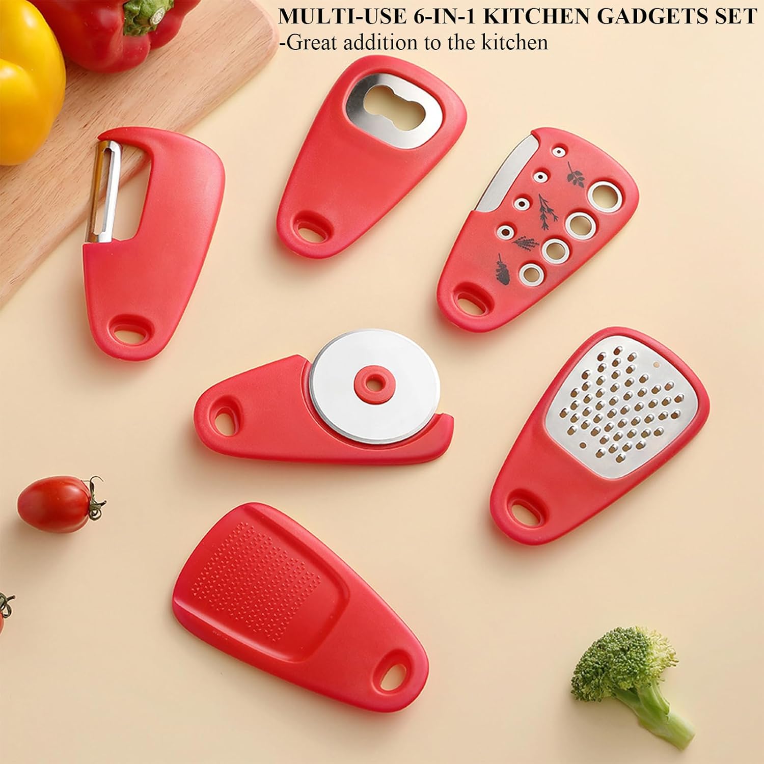 Kitchen Gadgets Set 6 Pieces, Space Saving Cooking Tools Kitchen Accessories-Garlic Grinder, Cheese Grater, Vegetable