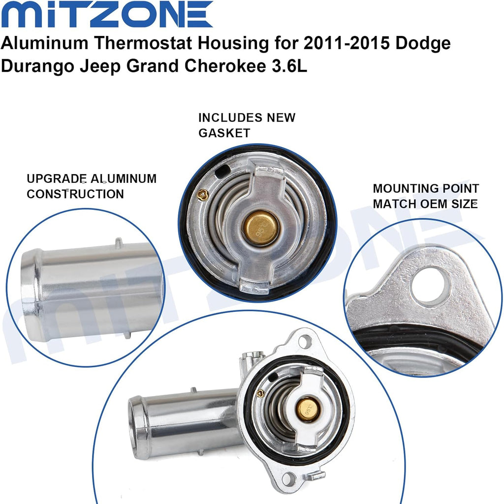 MITZONE Upgrade Aluminum Thermostat Housing Assembly Compatible with Dodge Durango Grand Cherokee 2011-2015 Wrangler JK 2012-2018 Replace 902-852 5184651AG 5184651AH