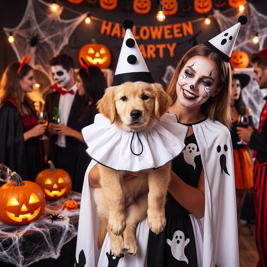 Dog Halloween Costumes Ghost Funny Pet Costume Set Adjustable White Clown Hat and Ruffled Collar for Small Medium