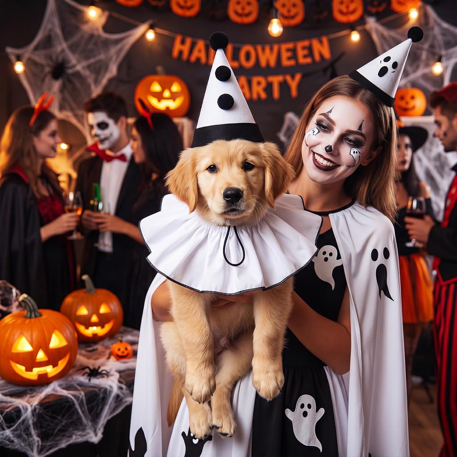 Dog Halloween Costumes Ghost Funny Pet Costume Set Adjustable White Clown Hat and Ruffled Collar for Small Medium