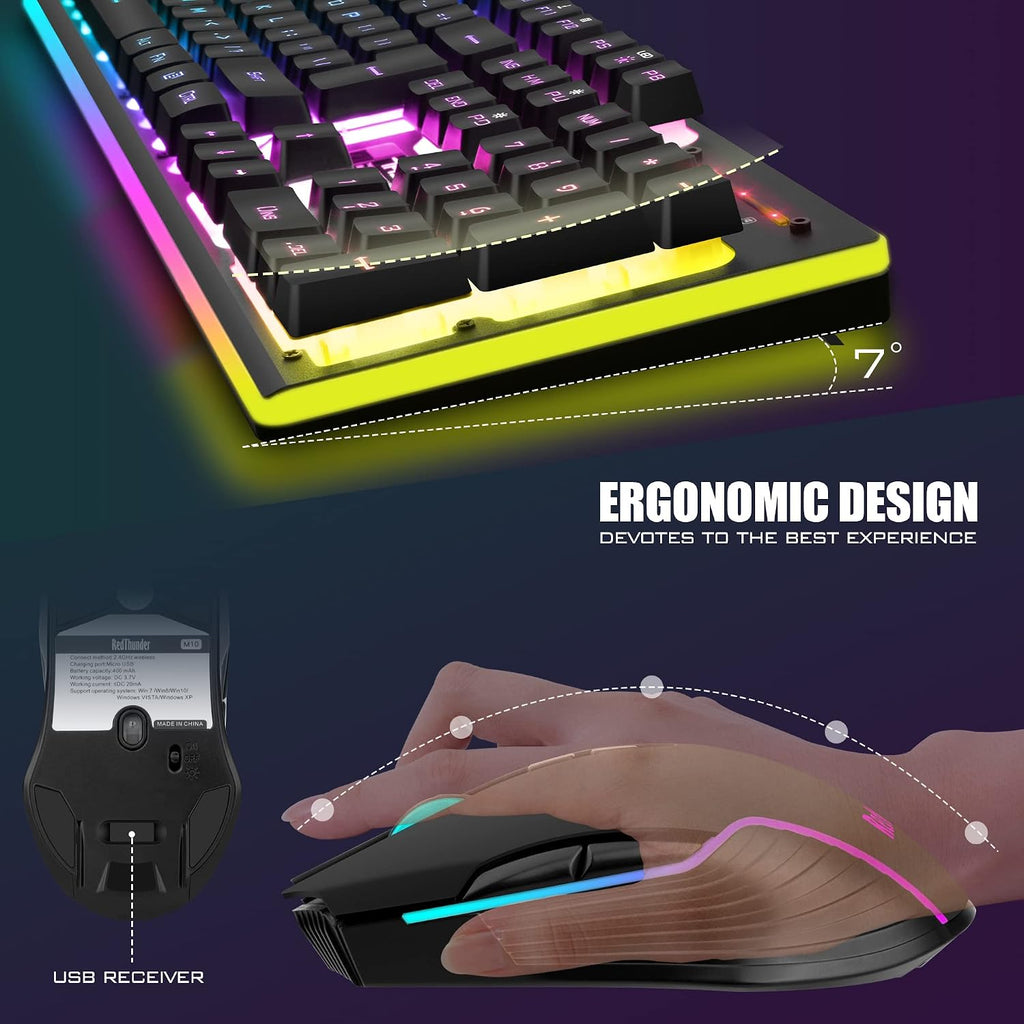 K10 Wireless Gaming Keyboard and Mouse Combo, LED Backlit Rechargeable 3800mAh Battery, Mechanical Feel Anti-ghosting