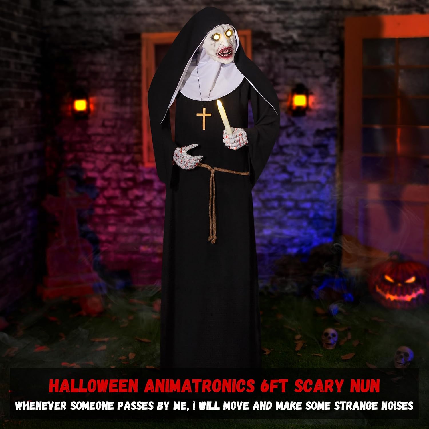 Halloween Animatronics 6ft Nun Animated 72inch Sister Decoration with Motion Sensor Activated, Creepy Sound, Scary