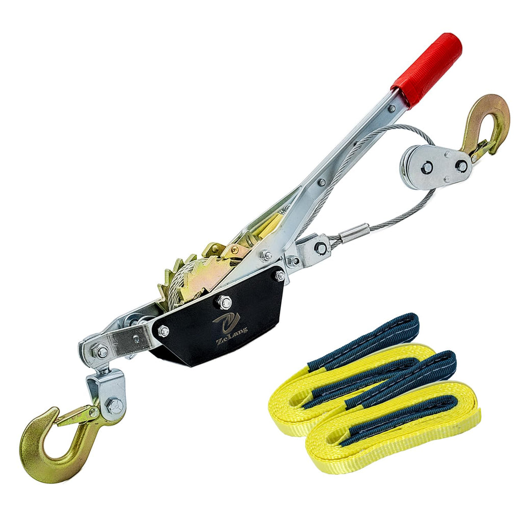 Come Along Winch with Sling,2 Tons/4400lbs, 12 ft Steel Cable | 2 Hooks, Two 1" x 8FT Lifting Sling, Dual Gears