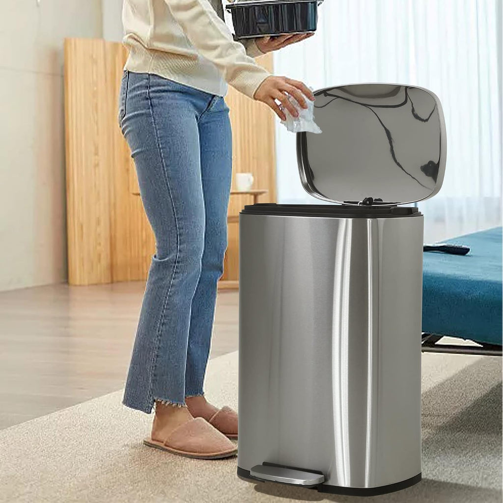 50 Liter / 13 Gallon Kitchen Trash Can, Stainless Steel with Lid, Foot Pedal and Inner Bucket, Fingerprint-Resistant
