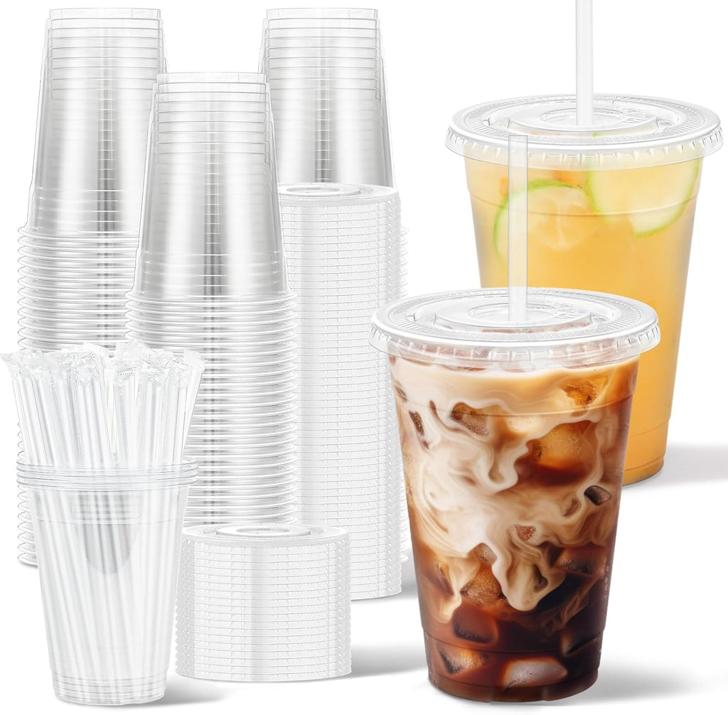 100 Pack 16 oz Disposable Clear Plastic Cups with Lids and Straws