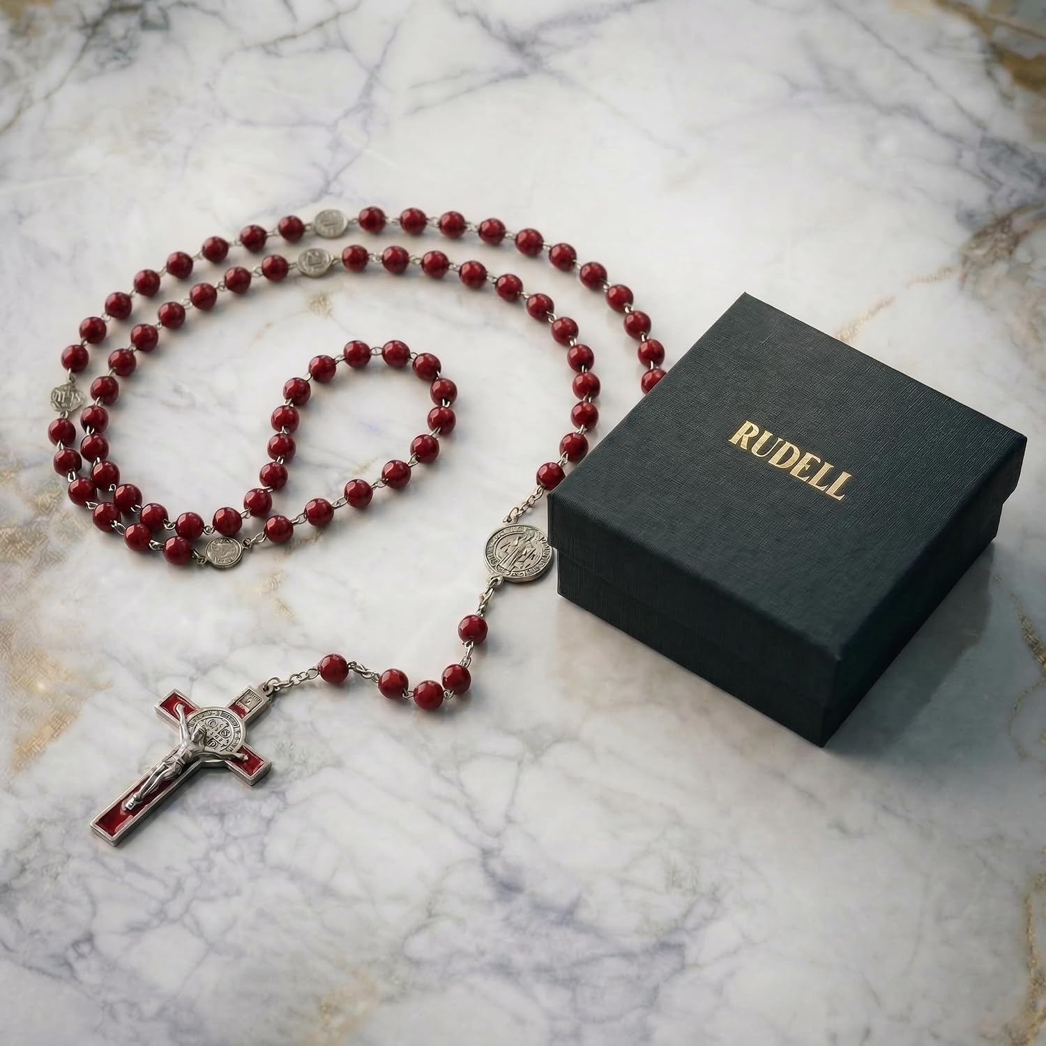 Rosary Beads Catholic for Women - Rosary Necklace for Women with Pearl Beads - Medal Cross Saint Benedict Rosary for