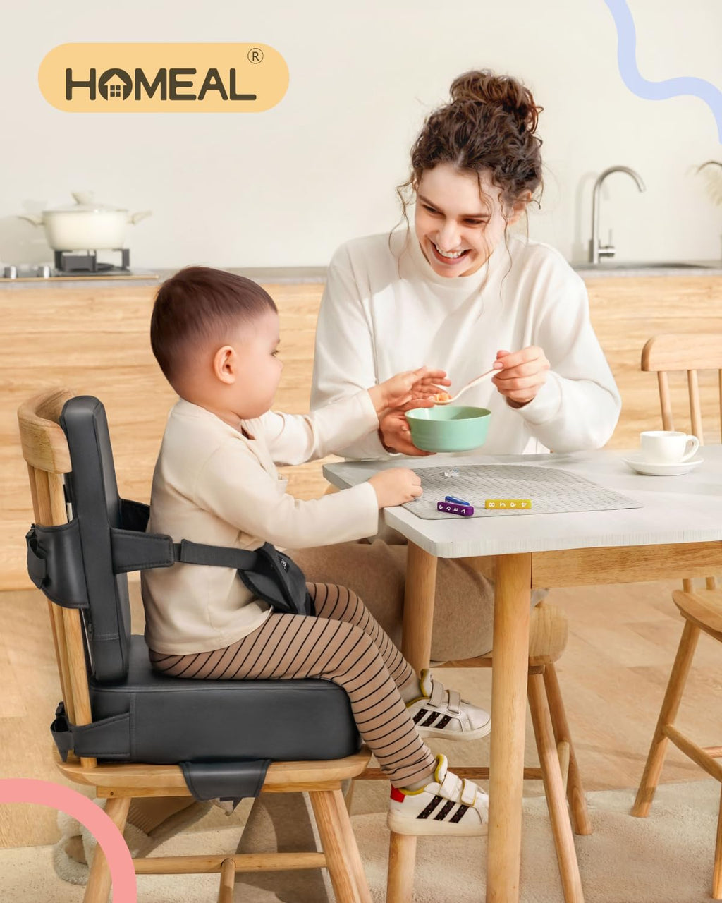 Booster Seat for Kitchen Chair, Breathable Toddler Booster Seat for Dining Table with Backrest and Adjustable Straps