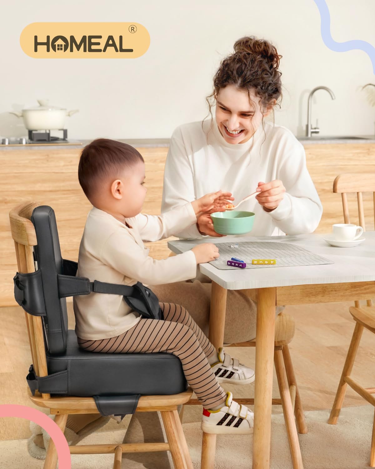 Booster Seat for Kitchen Chair, Breathable Toddler Booster Seat for Dining Table with Backrest and Adjustable Straps