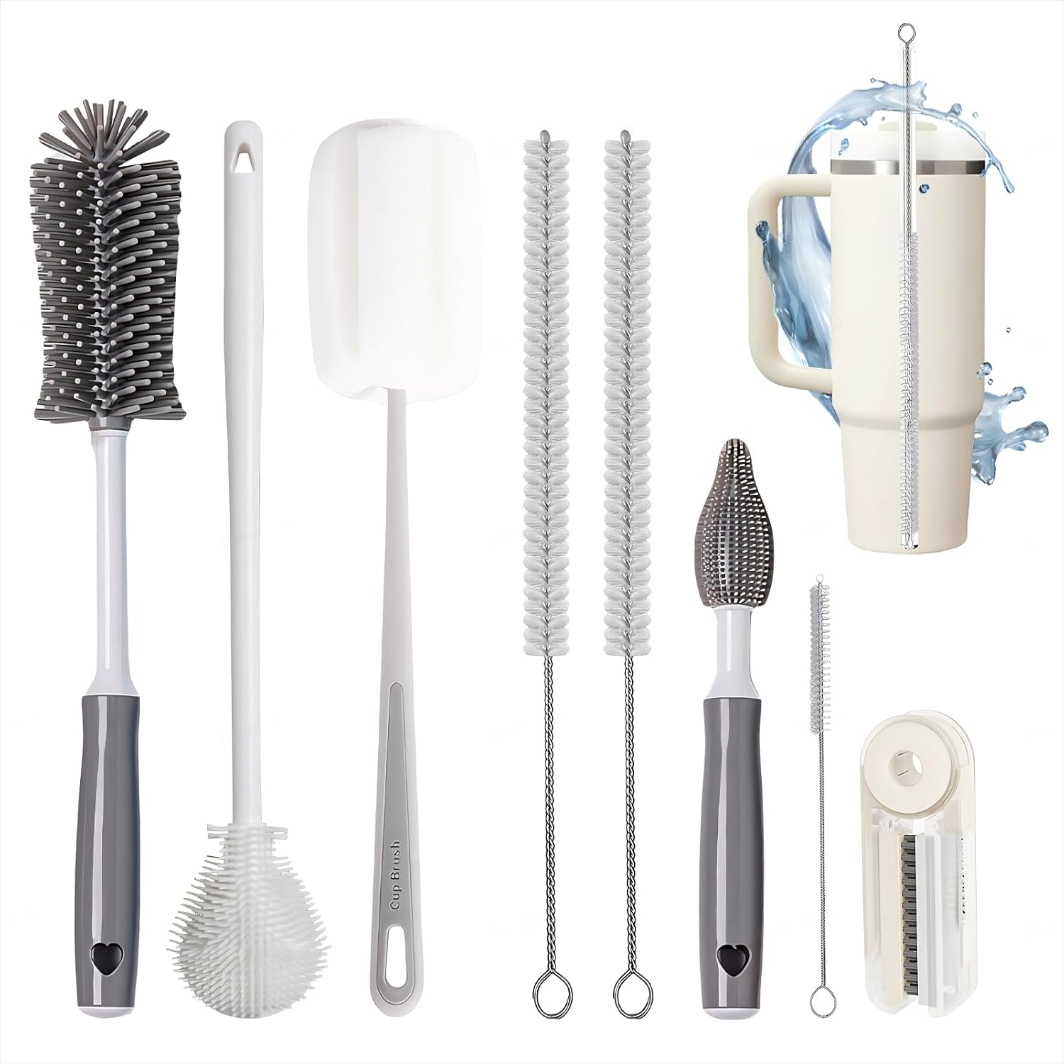 Bottle Cleaner Brush Set - 8 Pack Bottle Brushes for Cleaning | Gray for Owala, Tumbler, Sports Water Bottle, Wine Glass