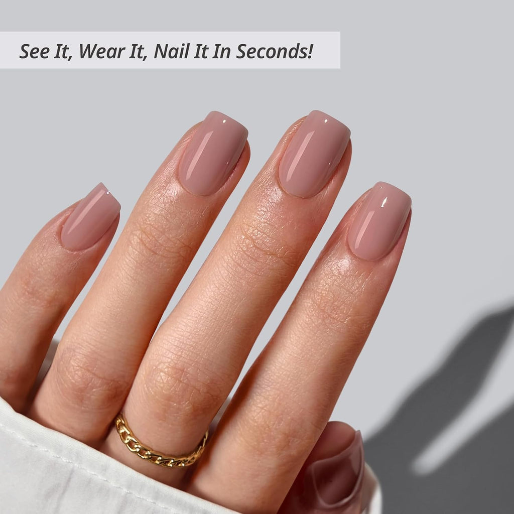 Press On Nails, Short Square Nude Fake Nails, 32Pcs Full Kit