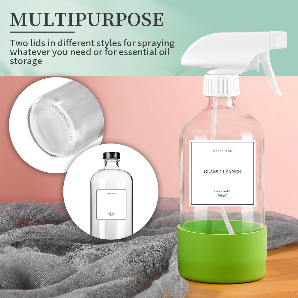 2 Pack Glass Spray Bottles with Silicone Sleeve,16oz Clear Glass Spray Bottles Refillable Empty Bottle with