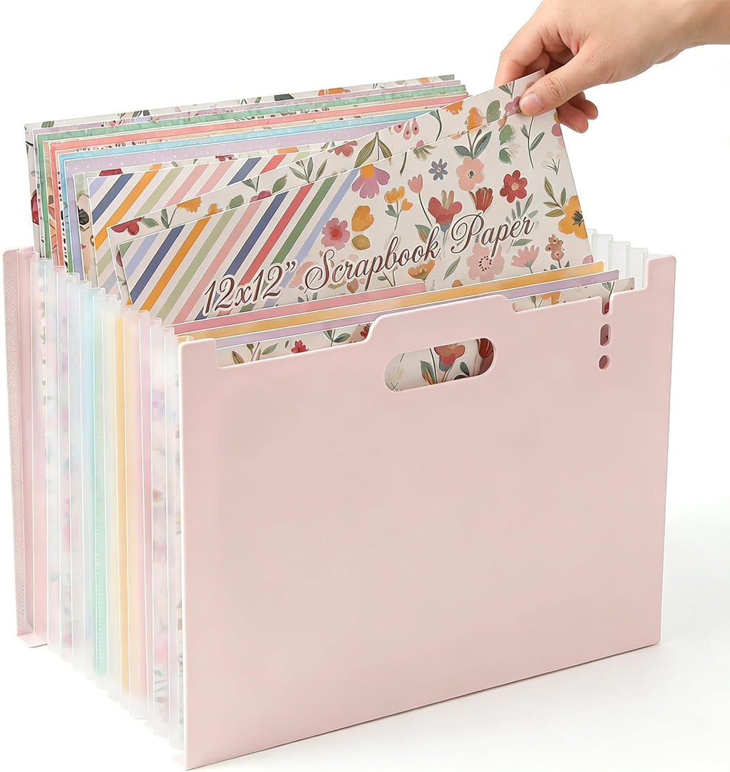 12x12 Scrapbook Paper Storage Organizer with 13 Expandable Pocket, Large Scrapbook Storage for Craft Room