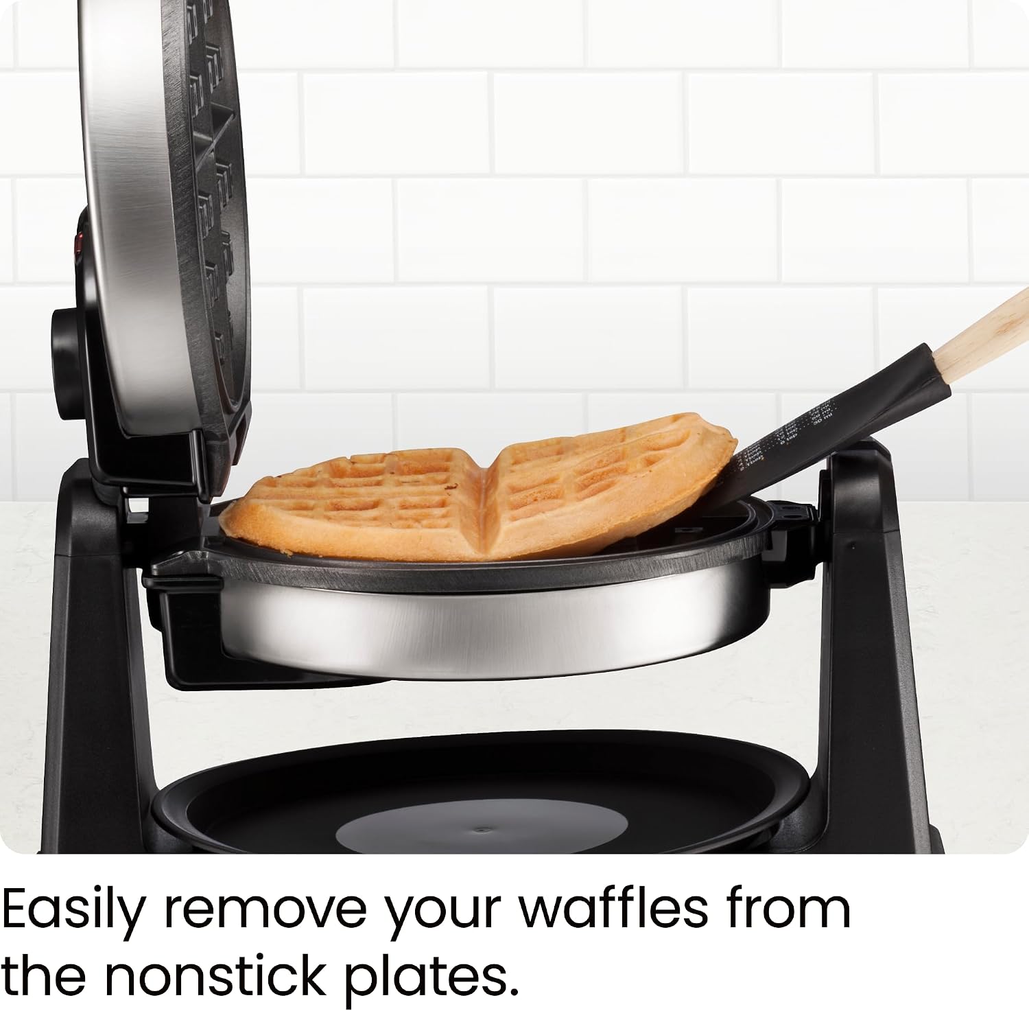 Rotating Belgian Waffle Maker, 180° Flip Iron w/ Non-Stick Plates, Adjustable Timer, Locking Lid, & Drip Plate, Space