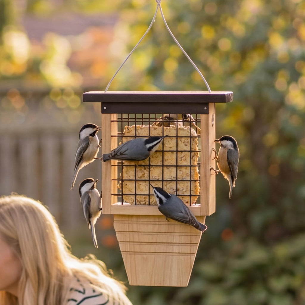 Wooden Suet Bird Feeder for Outside Hanging,Woodpecker Suet Feeder with Tail Prop
