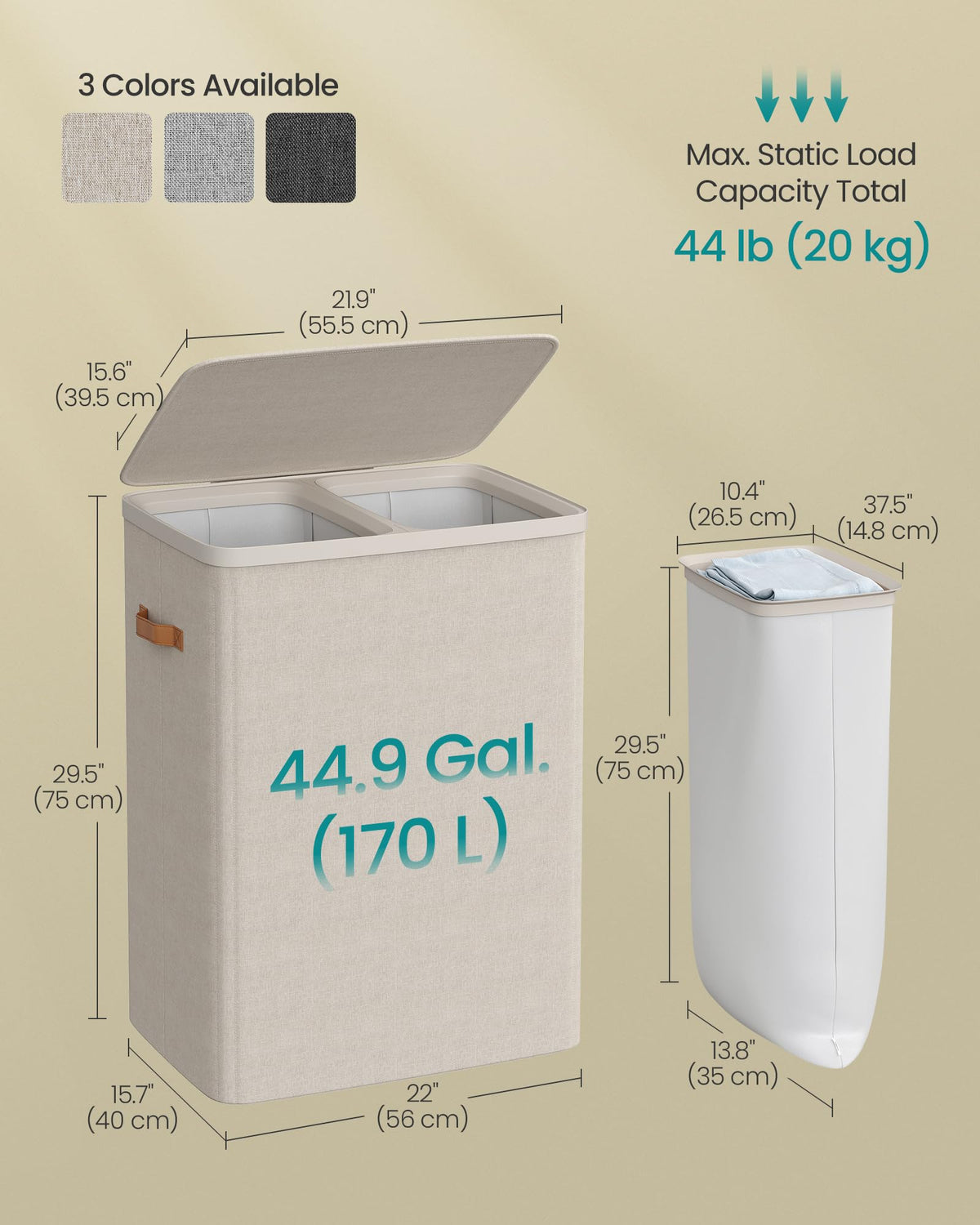 Laundry Basket, 170L Laundry Hamper with Lid, 2 Removable Bags