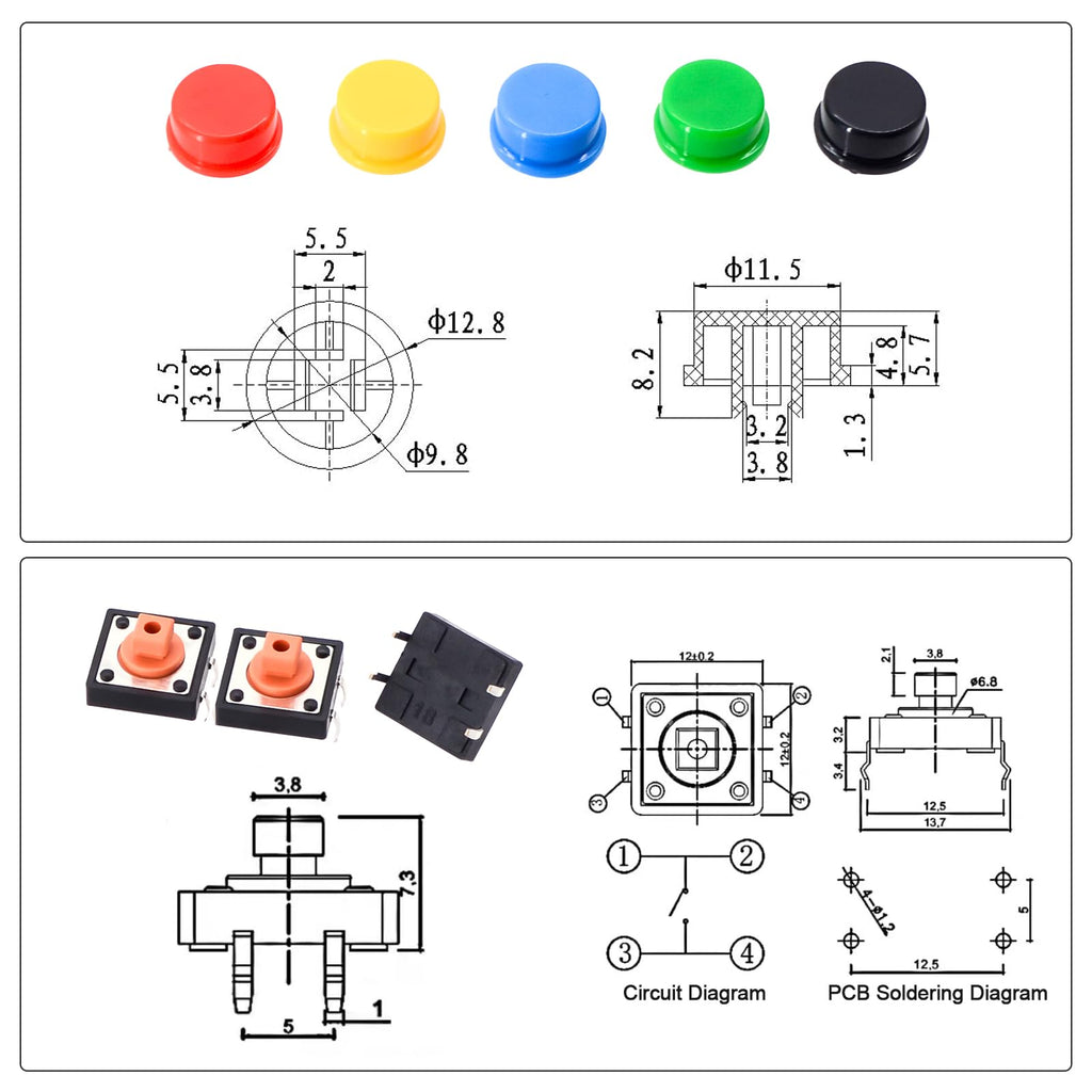 QTEATAK 80Pcs 12x12x7.3 mm Tactile Push Button Switch Set