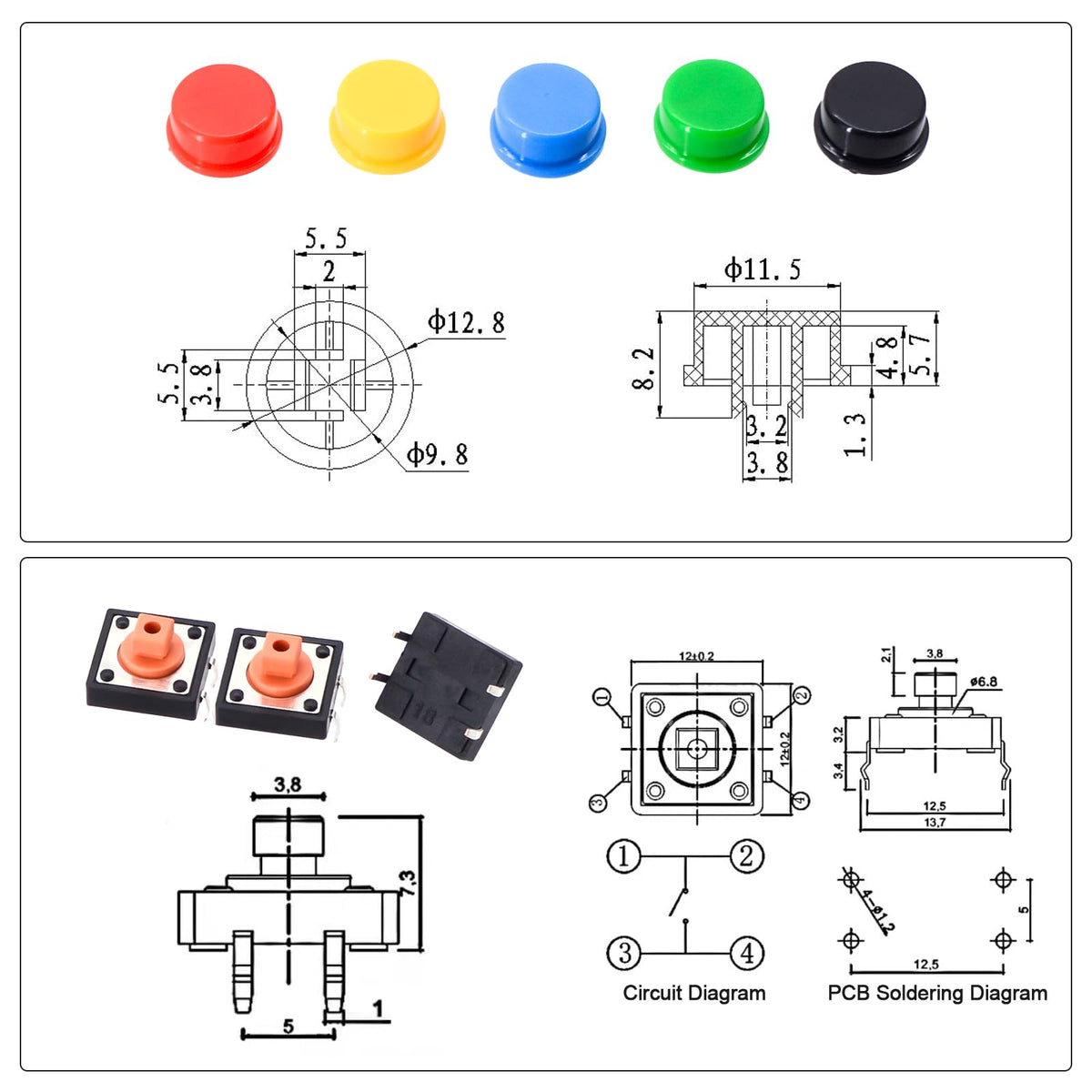 QTEATAK 80Pcs 12x12x7.3 mm Tactile Push Button Switch Set