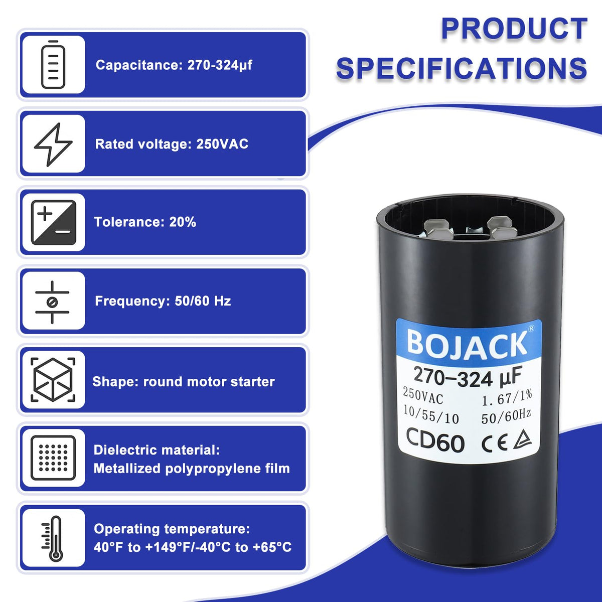 BOJACK 270-324 uF/MFD 250 VAC 50/60 Hz Universal Round Start Capacitor Electric Replacement Parts